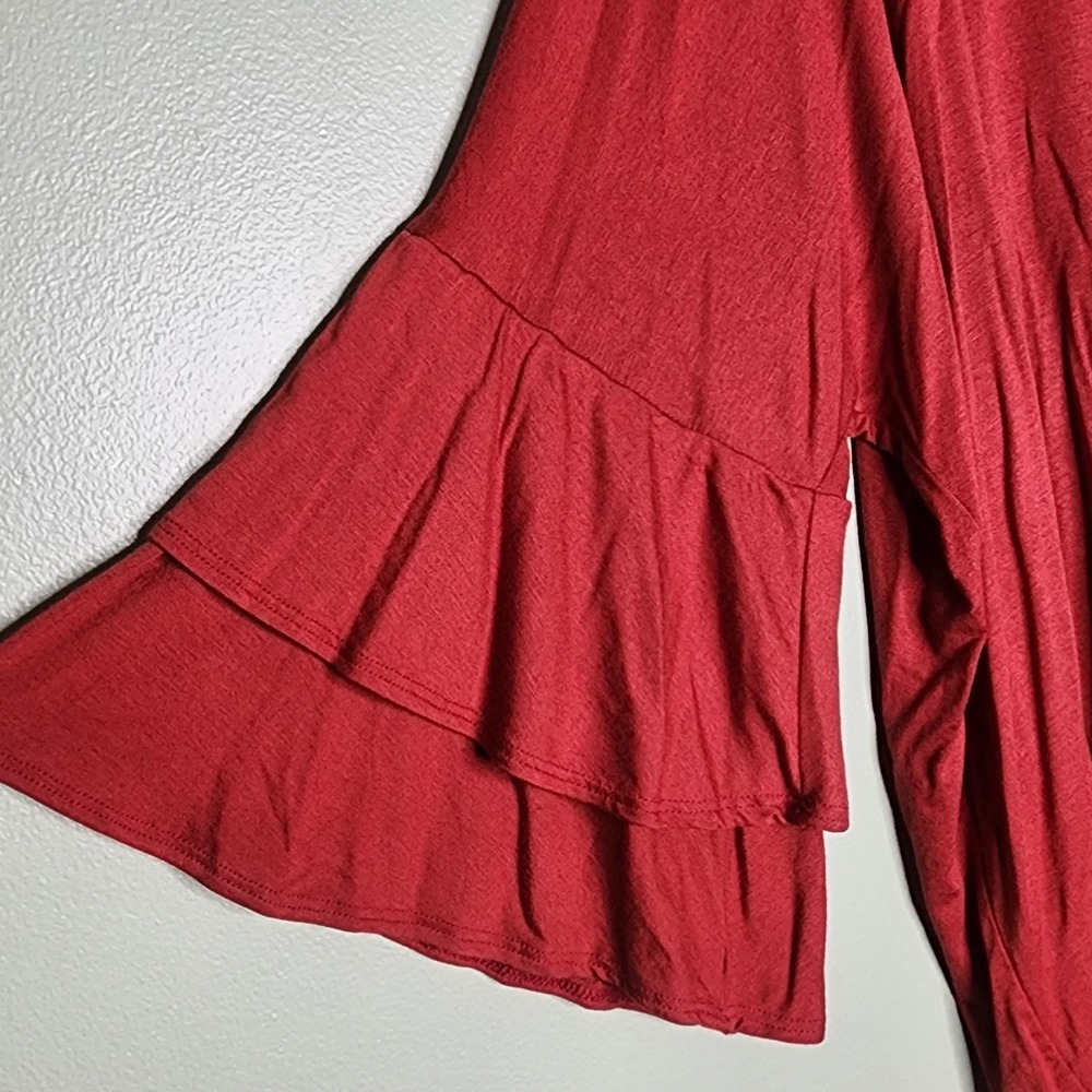 Acting Pro Brick Red Top Bell Sleeve Ruffles Boho Round Neck Casual Pullover XL - Picture 3 of 7